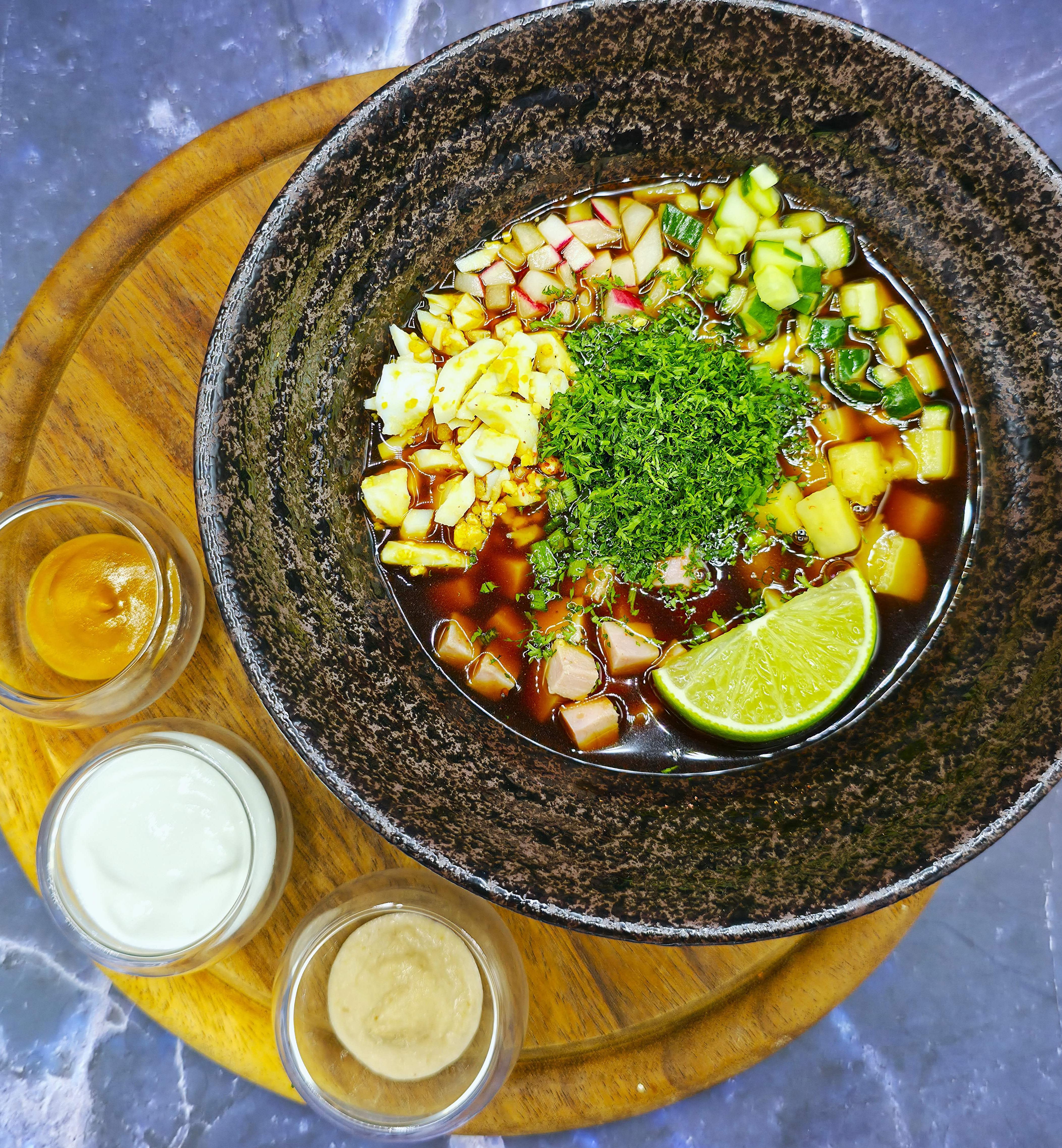 Okroshka on homemade kvass with smoked ham