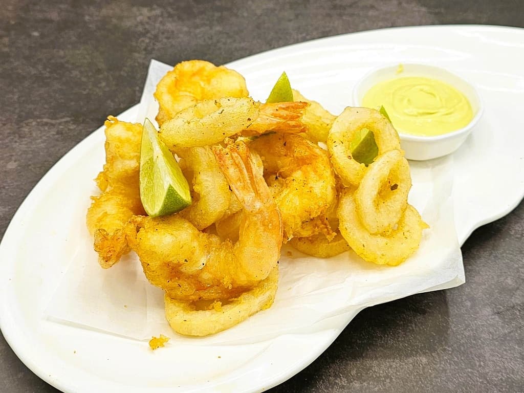 Fried prawns and squid with basil aioli