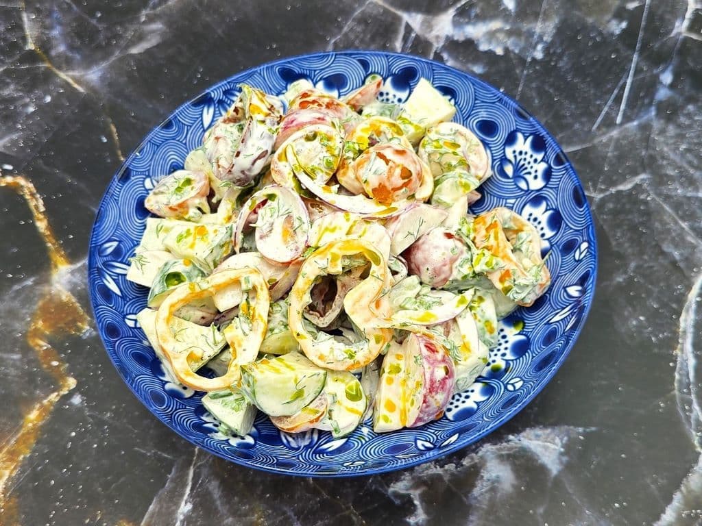 Village salad with sour cream dressing