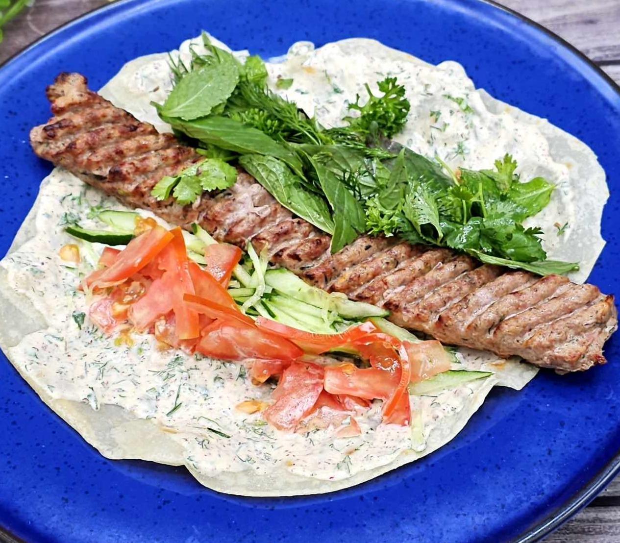Beef and pork lula kebab with naan bread