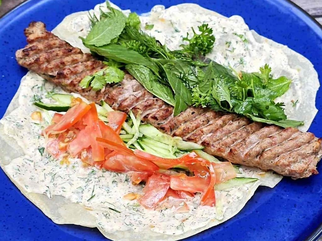 Lamb lula kebab with naan flatbread