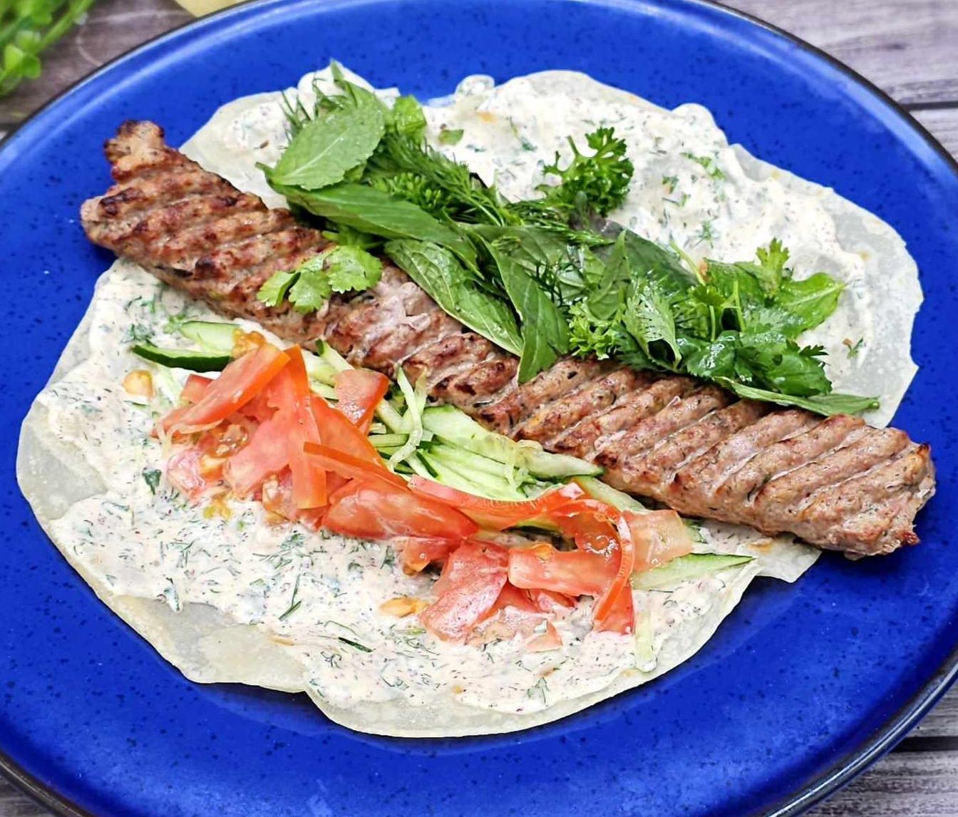 Lamb lula kebab with naan flatbread