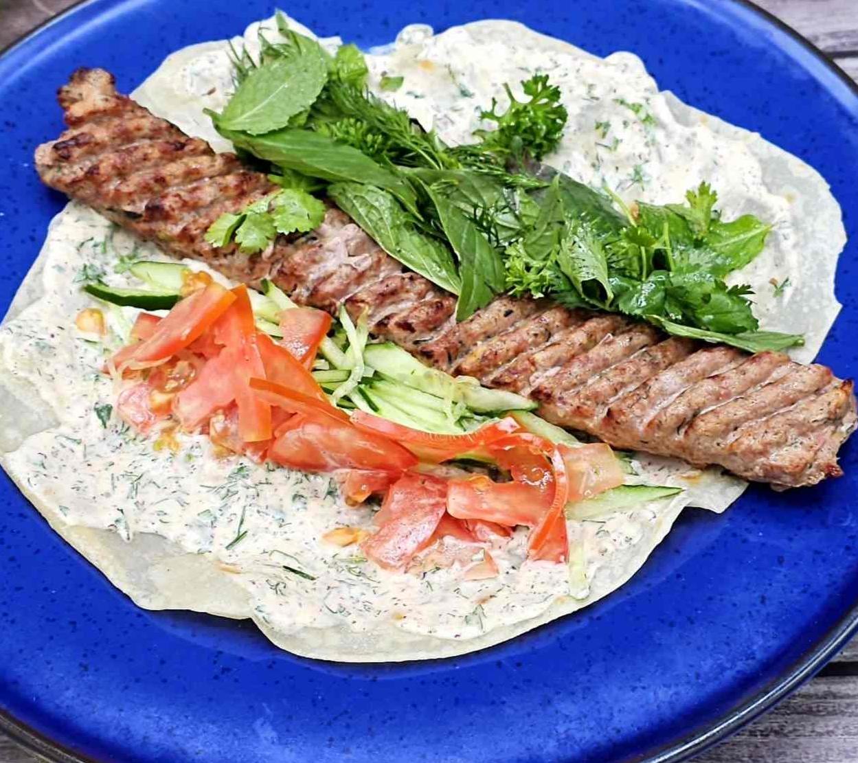 Duck lula kebab with naan flatbread