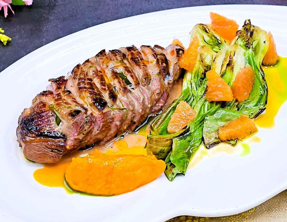Farmed duck fillet with smoked carrot and bok choy puree
