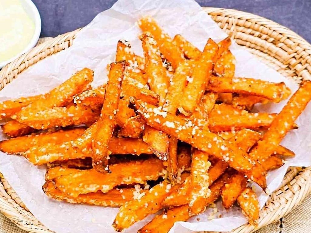 Sweet Potato Fries with Truffle Oil and Parmesan