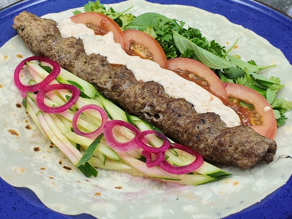 Beef and pork lula kebab with naan bread