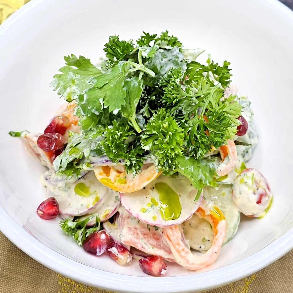 Village salad with sour cream dressing
